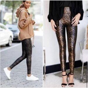 SPANX Faux Leather Leggings Leopard Shine Metallic Animal Print Slimming S Women